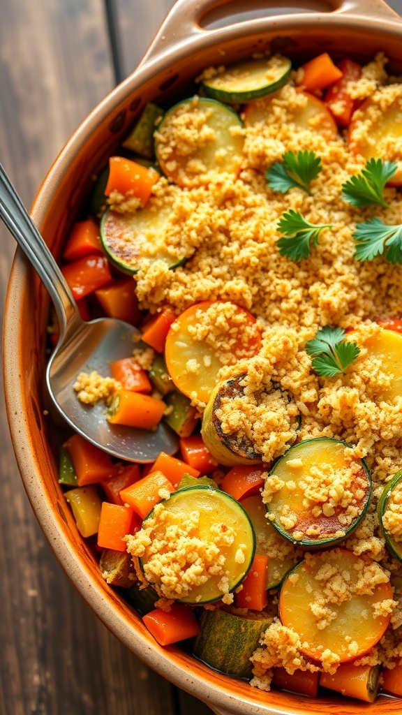 A baked vegetable casserole with zucchini, bell peppers, and carrots topped with breadcrumbs and cheese, garnished with parsley.